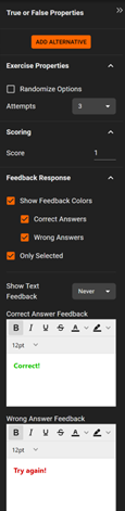 Single choice task options in the right panel menu